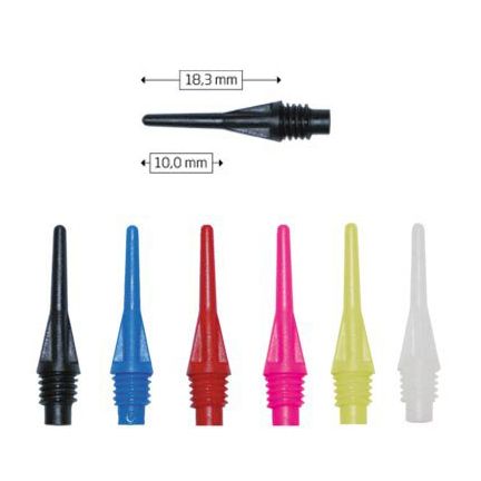 Das Bild zeigt verschiedene farbige Spitzen namens "Starpoints (1000er Pack) - Spitzen". Die Spitzen sind in den Farben Schwarz, Blau, Rot, Pink, Gelb und Weiß erhältlich und haben eine Länge von 18,3 mm und einen Durchmesser von 10,0 mm.
